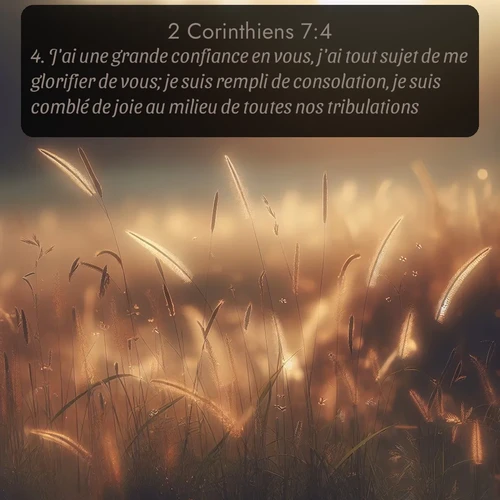 Segond 2 Corinthiens  ; image nature: image avec le verset biblique :J&#039;ai une grande confiance en vous, j&#039;ai tout sujet de me glorifier de vous; je suis rempli de consolation, je suis comblé de joie au milieu de toutes nos tribulations. ;  ; 7:4