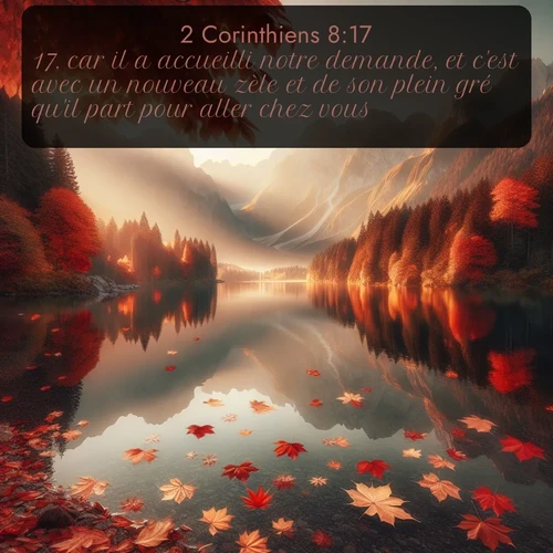 Segond 2 Corinthiens  ; image nature: image avec le verset biblique :car il a accueilli notre demande, et c&#039;est avec un nouveau zèle et de son plein gré qu&#039;il part pour aller chez vous. ;  ; 8:17