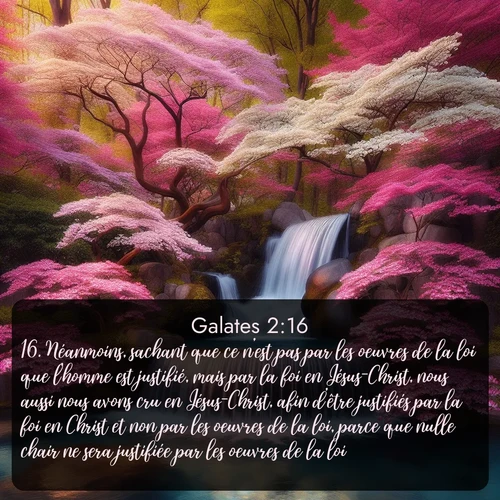 Segond Galates  ; image nature: image avec le verset biblique :Néanmoins, sachant que ce n&#039;est pas par les oeuvres de la loi que l&#039;homme est justifié, mais par la foi en Jésus-Christ, nous aussi nous avons cru en Jésus-Christ, afin d&#039;être justifiés par la foi en Christ et non par les oeuvres de la loi, parce que nulle chair ne sera justifiée par les oeuvres de la loi. ;  ; 2:16