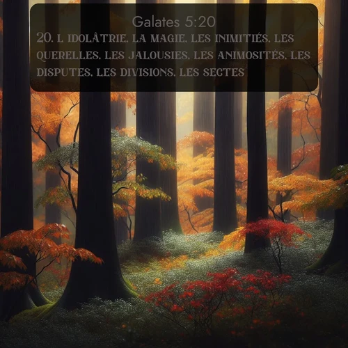 Segond Galates  ; image nature: image avec le verset biblique :l&#039;idolâtrie, la magie, les inimitiés, les querelles, les jalousies, les animosités, les disputes, les divisions, les sectes, ;  ; 5:20