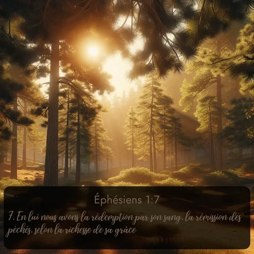 Segond Éphésiens  ; image nature: image avec le verset biblique :En lui nous avons la rédemption par son sang, la rémission des péchés, selon la richesse de sa grâce, ;  ; 1:7