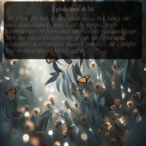 Segond Éphésiens  ; image nature: image avec le verset biblique :C&#039;est de lui, et grâce à tous les liens de son assistance, que tout le corps, bien coordonné et formant un solide assemblage, tire son accroissement selon la force qui convient à chacune de ses parties, et s&#039;édifie lui-même dans la charité. ;  ; 4:16