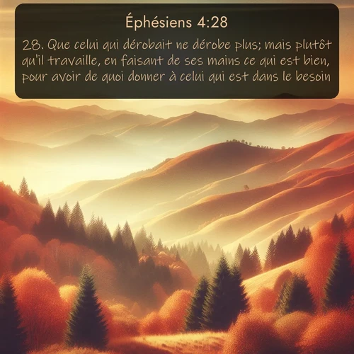 Segond Éphésiens  ; image nature: image avec le verset biblique :Que celui qui dérobait ne dérobe plus; mais plutôt qu&#039;il travaille, en faisant de ses mains ce qui est bien, pour avoir de quoi donner à celui qui est dans le besoin. ;  ; 4:28