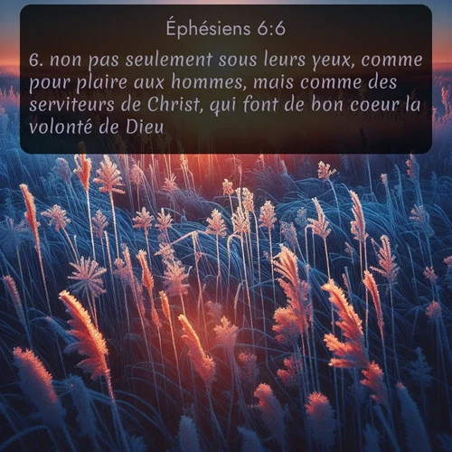 Segond Éphésiens  ; image nature: image avec le verset biblique :non pas seulement sous leurs yeux, comme pour plaire aux hommes, mais comme des serviteurs de Christ, qui font de bon coeur la volonté de Dieu. ;  ; 6:6