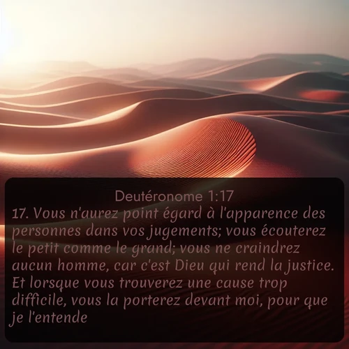Segond Deutéronome  ; image nature: image avec le verset biblique :Vous n&#039;aurez point égard à l&#039;apparence des personnes dans vos jugements; vous écouterez le petit comme le grand; vous ne craindrez aucun homme, car c&#039;est Dieu qui rend la justice. Et lorsque vous trouverez une cause trop difficile, vous la porterez devant moi, pour que je l&#039;entende. ;  ; 1:17