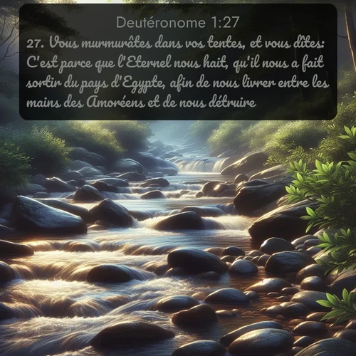 Segond Deutéronome  ; image nature: image avec le verset biblique :Vous murmurâtes dans vos tentes, et vous dîtes: C&#039;est parce que l&#039;Eternel nous hait, qu&#039;il nous a fait sortir du pays d&#039;Egypte, afin de nous livrer entre les mains des Amoréens et de nous détruire. ;  ; 1:27