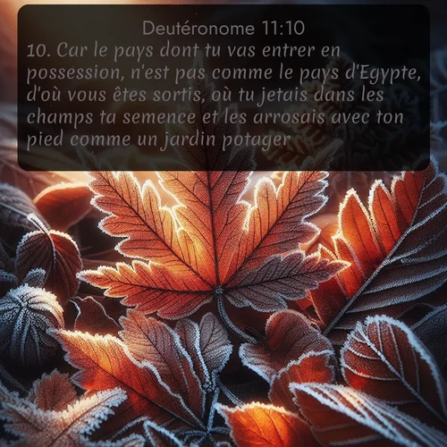 Segond Deutéronome  ; image nature: image avec le verset biblique :Car le pays dont tu vas entrer en possession, n&#039;est pas comme le pays d&#039;Egypte, d&#039;où vous êtes sortis, où tu jetais dans les champs ta semence et les arrosais avec ton pied comme un jardin potager. ;  ; 11:10