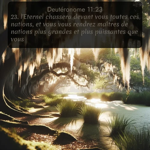 Segond Deutéronome  ; image nature: image avec le verset biblique :l&#039;Eternel chassera devant vous toutes ces nations, et vous vous rendrez maîtres de nations plus grandes et plus puissantes que vous. ;  ; 11:23
