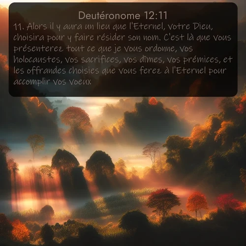 Segond Deutéronome  ; image nature: image avec le verset biblique :Alors il y aura un lieu que l&#039;Eternel, votre Dieu, choisira pour y faire résider son nom. C&#039;est là que vous présenterez tout ce que je vous ordonne, vos holocaustes, vos sacrifices, vos dîmes, vos prémices, et les offrandes choisies que vous ferez à l&#039;Eternel pour accomplir vos voeux. ;  ; 12:11