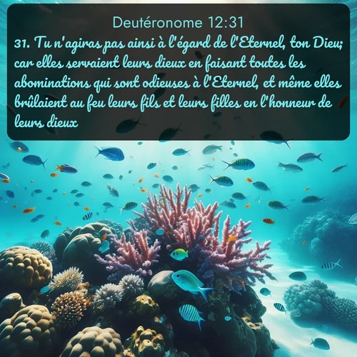 Segond Deutéronome  ; image nature: image avec le verset biblique :Tu n&#039;agiras pas ainsi à l&#039;égard de l&#039;Eternel, ton Dieu; car elles servaient leurs dieux en faisant toutes les abominations qui sont odieuses à l&#039;Eternel, et même elles brûlaient au feu leurs fils et leurs filles en l&#039;honneur de leurs dieux. ;  ; 12:31