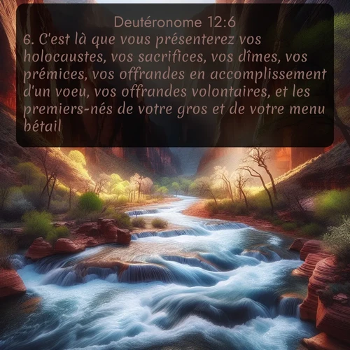 Segond Deutéronome  ; image nature: image avec le verset biblique :C&#039;est là que vous présenterez vos holocaustes, vos sacrifices, vos dîmes, vos prémices, vos offrandes en accomplissement d&#039;un voeu, vos offrandes volontaires, et les premiers-nés de votre gros et de votre menu bétail. ;  ; 12:6