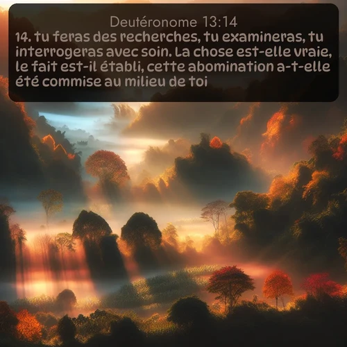 Segond Deutéronome  ; image nature: image avec le verset biblique :tu feras des recherches, tu examineras, tu interrogeras avec soin. La chose est-elle vraie, le fait est-il établi, cette abomination a-t-elle été commise au milieu de toi, ;  ; 13:14
