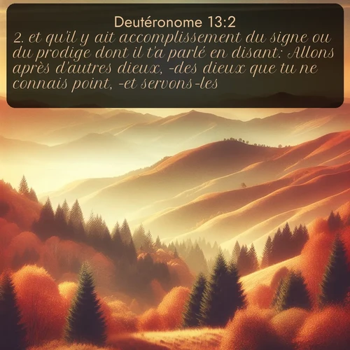 Segond Deutéronome  ; image nature: image avec le verset biblique :et qu&#039;il y ait accomplissement du signe ou du prodige dont il t&#039;a parlé en disant: Allons après d&#039;autres dieux, -des dieux que tu ne connais point, -et servons-les! ;  ; 13:2