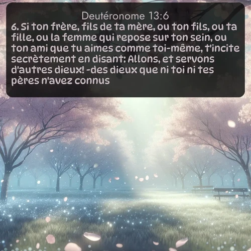 Segond Deutéronome  ; image nature: image avec le verset biblique :Si ton frère, fils de ta mère, ou ton fils, ou ta fille, ou la femme qui repose sur ton sein, ou ton ami que tu aimes comme toi-même, t&#039;incite secrètement en disant: Allons, et servons d&#039;autres dieux! -des dieux que ni toi ni tes pères n&#039;avez connus, ;  ; 13:6