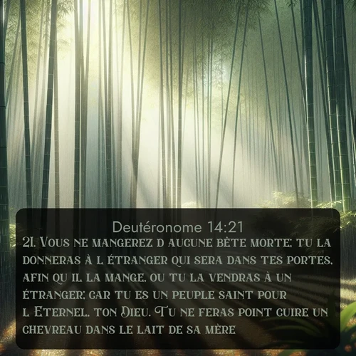Segond Deutéronome  ; image nature: image avec le verset biblique :Vous ne mangerez d&#039;aucune bête morte; tu la donneras à l&#039;étranger qui sera dans tes portes, afin qu&#039;il la mange, ou tu la vendras à un étranger; car tu es un peuple saint pour l&#039;Eternel, ton Dieu. Tu ne feras point cuire un chevreau dans le lait de sa mère. ;  ; 14:21