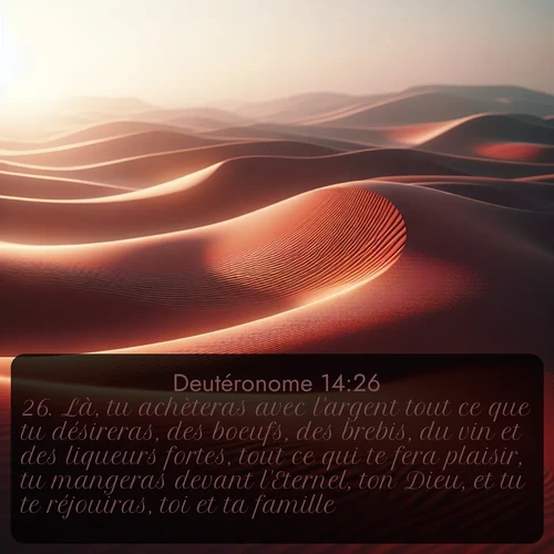 Segond Deutéronome  ; image nature: image avec le verset biblique :Là, tu achèteras avec l&#039;argent tout ce que tu désireras, des boeufs, des brebis, du vin et des liqueurs fortes, tout ce qui te fera plaisir, tu mangeras devant l&#039;Eternel, ton Dieu, et tu te réjouiras, toi et ta famille. ;  ; 14:26