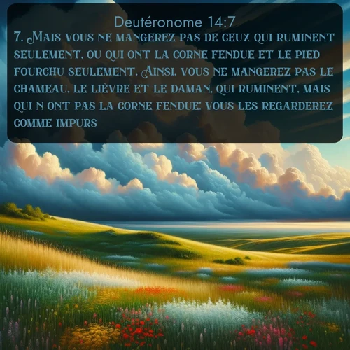 Segond Deutéronome  ; image nature: image avec le verset biblique :Mais vous ne mangerez pas de ceux qui ruminent seulement, ou qui ont la corne fendue et le pied fourchu seulement. Ainsi, vous ne mangerez pas le chameau, le lièvre et le daman, qui ruminent, mais qui n&#039;ont pas la corne fendue: vous les regarderez comme impurs. ;  ; 14:7