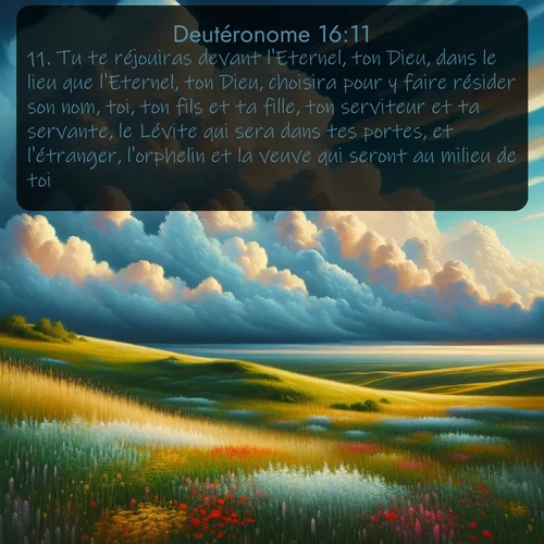 Segond Deutéronome  ; image nature: image avec le verset biblique :Tu te réjouiras devant l&#039;Eternel, ton Dieu, dans le lieu que l&#039;Eternel, ton Dieu, choisira pour y faire résider son nom, toi, ton fils et ta fille, ton serviteur et ta servante, le Lévite qui sera dans tes portes, et l&#039;étranger, l&#039;orphelin et la veuve qui seront au milieu de toi. ;  ; 16:11