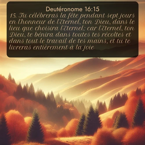 Segond Deutéronome  ; image nature: image avec le verset biblique :Tu célébreras la fête pendant sept jours en l&#039;honneur de l&#039;Eternel, ton Dieu, dans le lieu que choisira l&#039;Eternel; car l&#039;Eternel, ton Dieu, te bénira dans toutes tes récoltes et dans tout le travail de tes mains, et tu te livreras entièrement à la joie. ;  ; 16:15