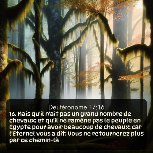 Segond Deutéronome  ; image nature: image avec le verset biblique :Mais qu&#039;il n&#039;ait pas un grand nombre de chevaux; et qu&#039;il ne ramène pas le peuple en Egypte pour avoir beaucoup de chevaux; car l&#039;Eternel vous a dit: Vous ne retournerez plus par ce chemin-là. ;  ; 17:16