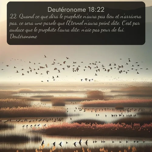 Segond Deutéronome  ; image nature: image avec le verset biblique :Quand ce que dira le prophète n&#039;aura pas lieu et n&#039;arrivera pas, ce sera une parole que l&#039;Eternel n&#039;aura point dite. C&#039;est par audace que le prophète l&#039;aura dite: n&#039;aie p</p><p>Lire le verset dans son contexte : <br><a href=