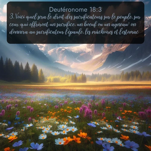Segond Deutéronome  ; image nature: image avec le verset biblique :Voici quel sera le droit des sacrificateurs sur le peuple, sur ceux qui offriront un sacrifice, un boeuf ou un agneau: on donnera au sacrificateur l&#039;épaule, les mâchoires et l&#039;estomac. ;  ; 18:3
