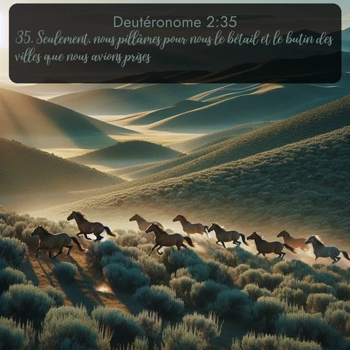 Segond Deutéronome  ; image nature: image avec le verset biblique :Seulement, nous pillâmes pour nous le bétail et le butin des villes que nous avions prises. ;  ; 2:35