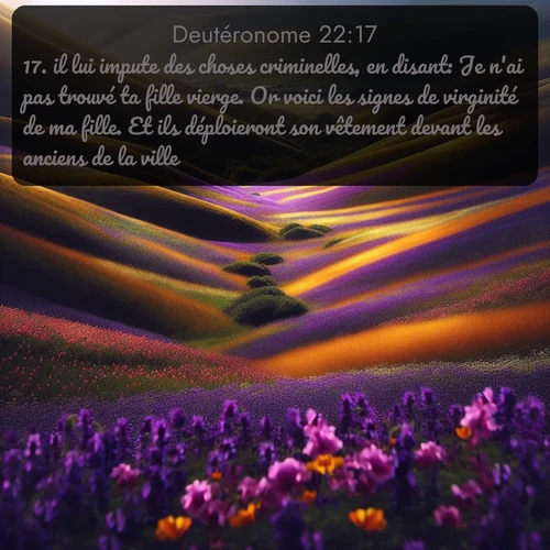 Segond Deutéronome  ; image nature: image avec le verset biblique :il lui impute des choses criminelles, en disant: Je n&#039;ai pas trouvé ta fille vierge. Or voici les signes de virginité de ma fille. Et ils déploieront son vêtement devant les anciens de la ville. ;  ; 22:17