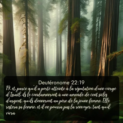 Segond Deutéronome  ; image nature: image avec le verset biblique :et, parce qu&#039;il a porté atteinte à la réputation d&#039;une vierge d&#039;Israël, ils le condamneront à une amende de cent sicles d&#039;argent, qu&#039;ils donneront au père de la jeune femme. Elle restera sa femme, et il ne pourra pas la renvoyer, tant qu&#039;il vivra. ;  ; 22:19