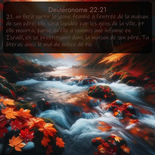 Segond Deutéronome  ; image nature: image avec le verset biblique :on fera sortir la jeune femme à l&#039;entrée de la maison de son père; elle sera lapidée par les gens de la ville, et elle mourra, parce qu&#039;elle a commis une infamie en Israël, en se prostituant dans la maison de son père. Tu ôteras ainsi le mal du milieu de toi. ;  ; 22:21