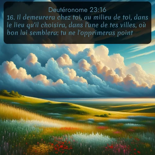 Segond Deutéronome  ; image nature: image avec le verset biblique :Il demeurera chez toi, au milieu de toi, dans le lieu qu&#039;il choisira, dans l&#039;une de tes villes, où bon lui semblera: tu ne l&#039;opprimeras point. ;  ; 23:16
