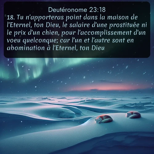 Segond Deutéronome  ; image nature: image avec le verset biblique :Tu n&#039;apporteras point dans la maison de l&#039;Eternel, ton Dieu, le salaire d&#039;une prostituée ni le prix d&#039;un chien, pour l&#039;accomplissement d&#039;un voeu quelconque; car l&#039;un et l&#039;autre sont en abomination à l&#039;Eternel, ton Dieu. ;  ; 23:18