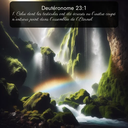 Segond Deutéronome  ; image nature: image avec le verset biblique :Celui dont les testicules ont été écrasés ou l&#039;urètre coupé n&#039;entrera point dans l&#039;assemblée de l&#039;Eternel. ;  ; 23:1