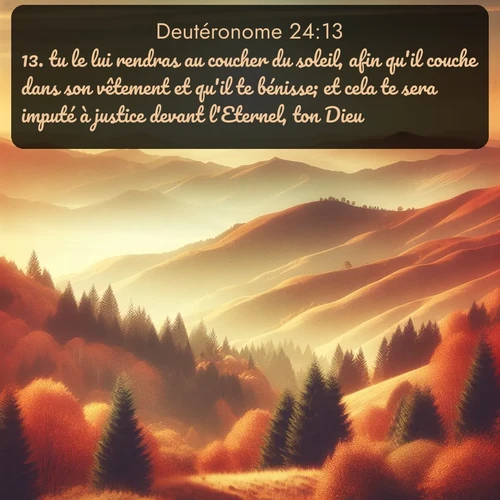 Segond Deutéronome  ; image nature: image avec le verset biblique :tu le lui rendras au coucher du soleil, afin qu&#039;il couche dans son vêtement et qu&#039;il te bénisse; et cela te sera imputé à justice devant l&#039;Eternel, ton Dieu. ;  ; 24:13