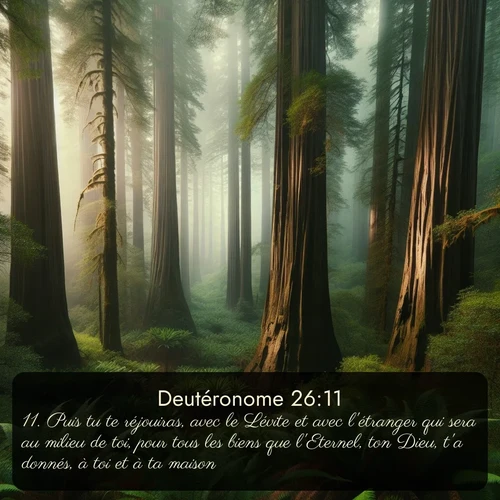 Segond Deutéronome  ; image nature: image avec le verset biblique :Puis tu te réjouiras, avec le Lévite et avec l&#039;étranger qui sera au milieu de toi, pour tous les biens que l&#039;Eternel, ton Dieu, t&#039;a donnés, à toi et à ta maison. ;  ; 26:11