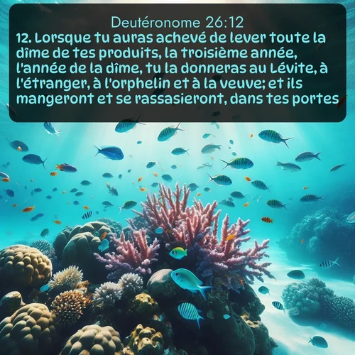 Segond Deutéronome  ; image nature: image avec le verset biblique :Lorsque tu auras achevé de lever toute la dîme de tes produits, la troisième année, l&#039;année de la dîme, tu la donneras au Lévite, à l&#039;étranger, à l&#039;orphelin et à la veuve; et ils mangeront et se rassasieront, dans tes portes. ;  ; 26:12