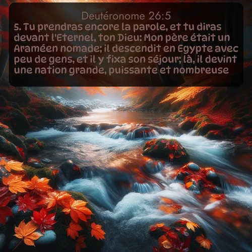 Segond Deutéronome  ; image nature: image avec le verset biblique :Tu prendras encore la parole, et tu diras devant l&#039;Eternel, ton Dieu: Mon père était un Araméen nomade; il descendit en Egypte avec peu de gens, et il y fixa son séjour; là, il devint une nation grande, puissante et nombreuse. ;  ; 26:5