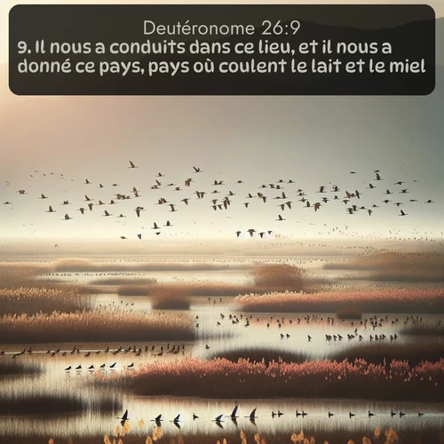 Segond Deutéronome  ; image nature: image avec le verset biblique :Il nous a conduits dans ce lieu, et il nous a donné ce pays, pays où coulent le lait et le miel. ;  ; 26:9