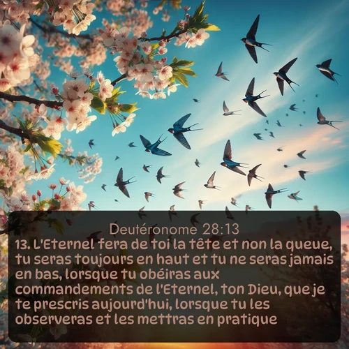 Segond Deutéronome  ; image nature: image avec le verset biblique :L&#039;Eternel fera de toi la tête et non la queue, tu seras toujours en haut et tu ne seras jamais en bas, lorsque tu obéiras aux commandements de l&#039;Eternel, ton Dieu, que je te prescris aujourd&#039;hui, lorsque tu les observeras et les mettras en pratique, ;  ; 28:13