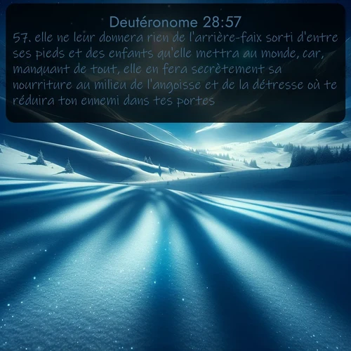 Segond Deutéronome  ; image nature: image avec le verset biblique :elle ne leur donnera rien de l&#039;arrière-faix sorti d&#039;entre ses pieds et des enfants qu&#039;elle mettra au monde, car, manquant de tout, elle en fera secrètement sa nourriture au milieu de l&#039;angoisse et de la détresse où te réduira ton ennemi dans tes portes. ;  ; 28:57
