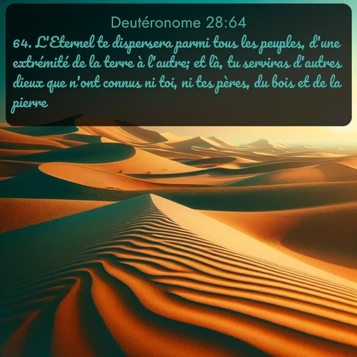 Segond Deutéronome  ; image nature: image avec le verset biblique :L&#039;Eternel te dispersera parmi tous les peuples, d&#039;une extrémité de la terre à l&#039;autre; et là, tu serviras d&#039;autres dieux que n&#039;ont connus ni toi, ni tes pères, du bois et de la pierre. ;  ; 28:64