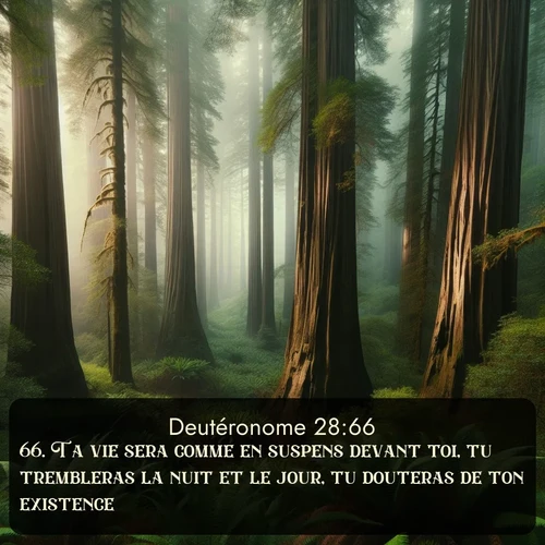 Segond Deutéronome  ; image nature: image avec le verset biblique :Ta vie sera comme en suspens devant toi, tu trembleras la nuit et le jour, tu douteras de ton existence. ;  ; 28:66