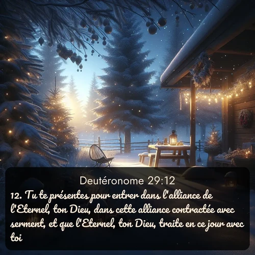 Segond Deutéronome  ; image nature: image avec le verset biblique :Tu te présentes pour entrer dans l&#039;alliance de l&#039;Eternel, ton Dieu, dans cette alliance contractée avec serment, et que l&#039;Eternel, ton Dieu, traite en ce jour avec toi, ;  ; 29:12