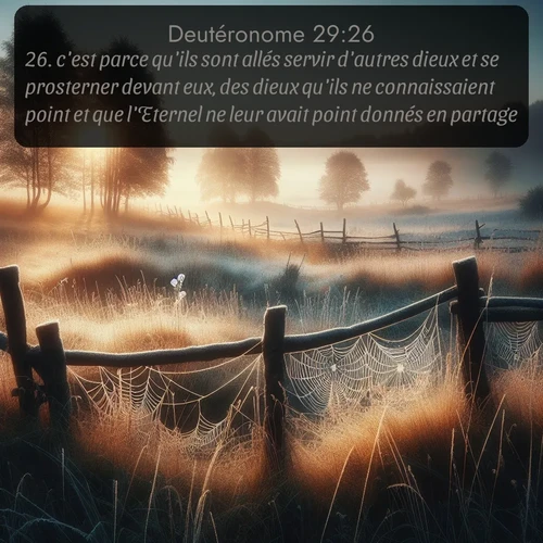 Segond Deutéronome  ; image nature: image avec le verset biblique :c&#039;est parce qu&#039;ils sont allés servir d&#039;autres dieux et se prosterner devant eux, des dieux qu&#039;ils ne connaissaient point et que l&#039;Eternel ne leur avait point donnés en partage. ;  ; 29:26