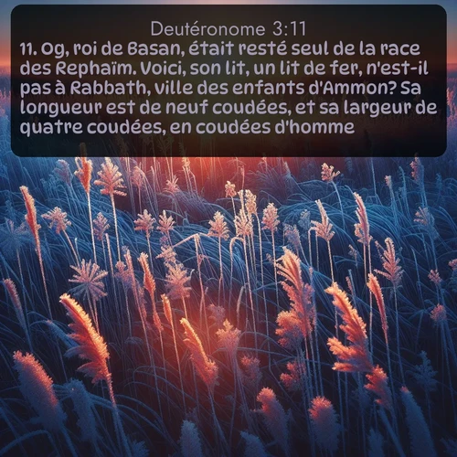 Segond Deutéronome  ; image nature: image avec le verset biblique :Og, roi de Basan, était resté seul de la race des Rephaïm. Voici, son lit, un lit de fer, n&#039;est-il pas à Rabbath, ville des enfants d&#039;Ammon? Sa longueur est de neuf coudées, et sa largeur de quatre coudées, en coudées d&#039;homme. ;  ; 3:11