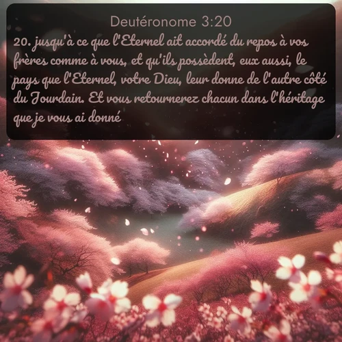 Segond Deutéronome  ; image nature: image avec le verset biblique :jusqu&#039;à ce que l&#039;Eternel ait accordé du repos à vos frères comme à vous, et qu&#039;ils possèdent, eux aussi, le pays que l&#039;Eternel, votre Dieu, leur donne de l&#039;autre côté du Jourdain. Et vous retournerez chacun dans l&#039;héritage que je vous ai donné. ;  ; 3:20