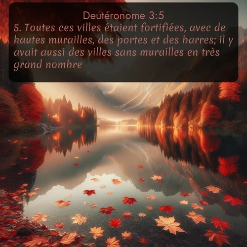 Segond Deutéronome  ; image nature: image avec le verset biblique :Toutes ces villes étaient fortifiées, avec de hautes murailles, des portes et des barres; il y avait aussi des villes sans murailles en très grand nombre. ;  ; 3:5