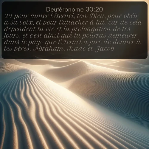 Segond Deutéronome  ; image nature: image avec le verset biblique :pour aimer l&#039;Eternel, ton Dieu, pour obéir à sa voix, et pour t&#039;attacher à lui: car de cela dépendent ta vie et la prolongation de tes jours, et c&#039;est ainsi que tu pourras demeurer dans le pays que l&#039;Eternel a juré de donner à tes pères, Abraham, Isaac et Jacob. ;  ; 30:20
