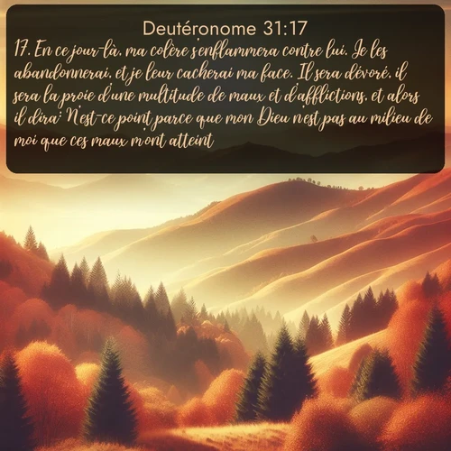 Segond Deutéronome  ; image nature: image avec le verset biblique :En ce jour-là, ma colère s&#039;enflammera contre lui. Je les abandonnerai, et je leur cacherai ma face. Il sera dévoré, il sera la proie d&#039;une multitude de maux et d&#039;afflictions, et alors il dira: N&#039;est-ce point parce que mon Dieu n&#039;est pas au milieu de moi que ces maux m&#039;ont atteint? ;  ; 31:17