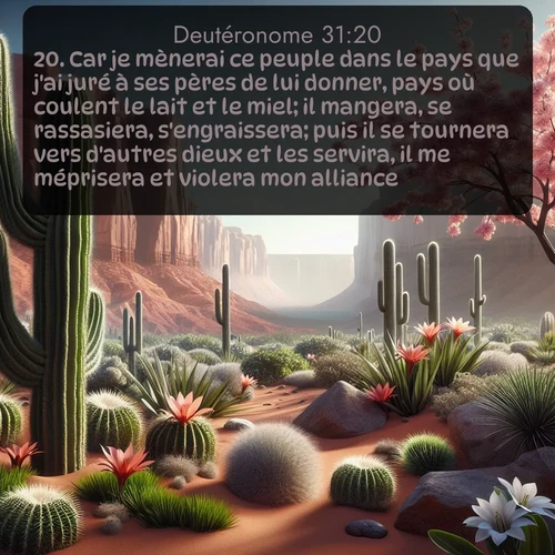 Segond Deutéronome  ; image nature: image avec le verset biblique :Car je mènerai ce peuple dans le pays que j&#039;ai juré à ses pères de lui donner, pays où coulent le lait et le miel; il mangera, se rassasiera, s&#039;engraissera; puis il se tournera vers d&#039;autres dieux et les servira, il me méprisera et violera mon alliance; ;  ; 31:20